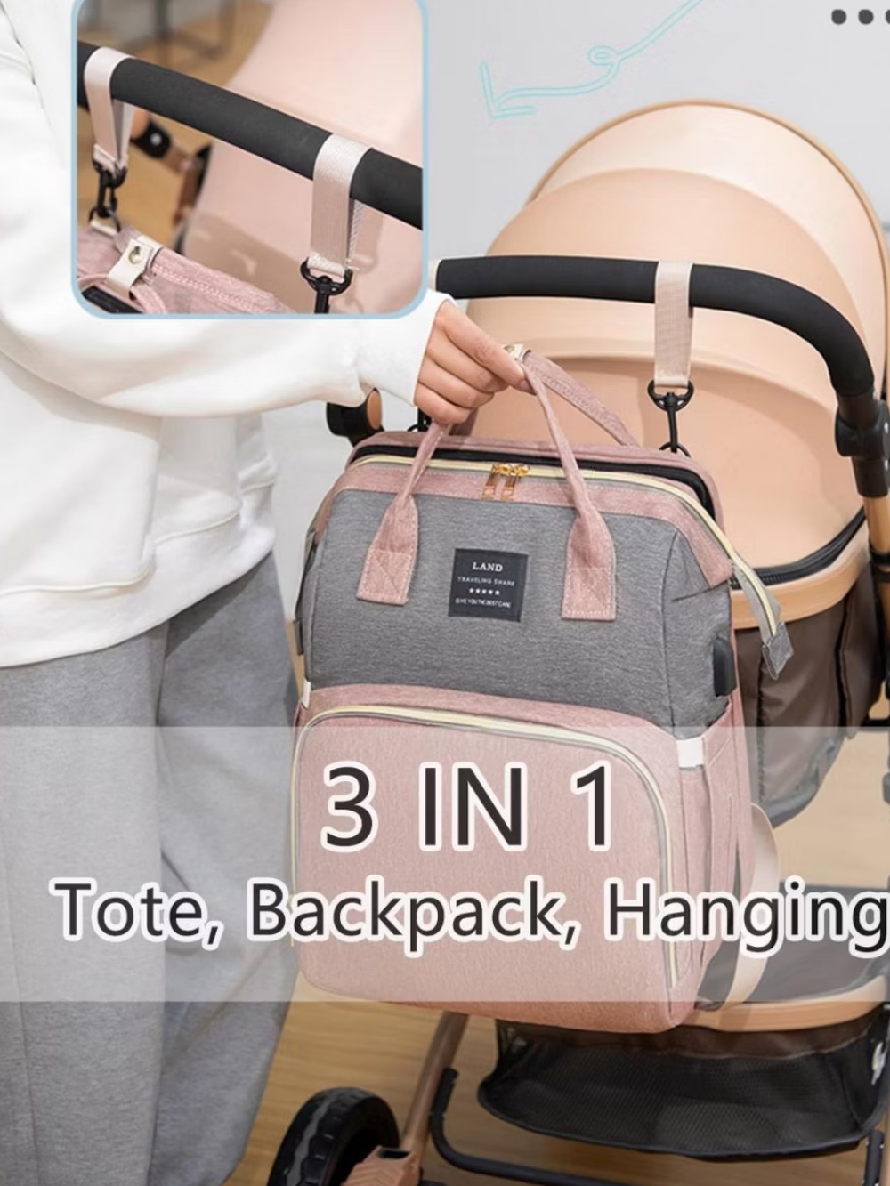 AND Multifunctional Diaper Backpack - Pink and Gray - Picture 2 of 8